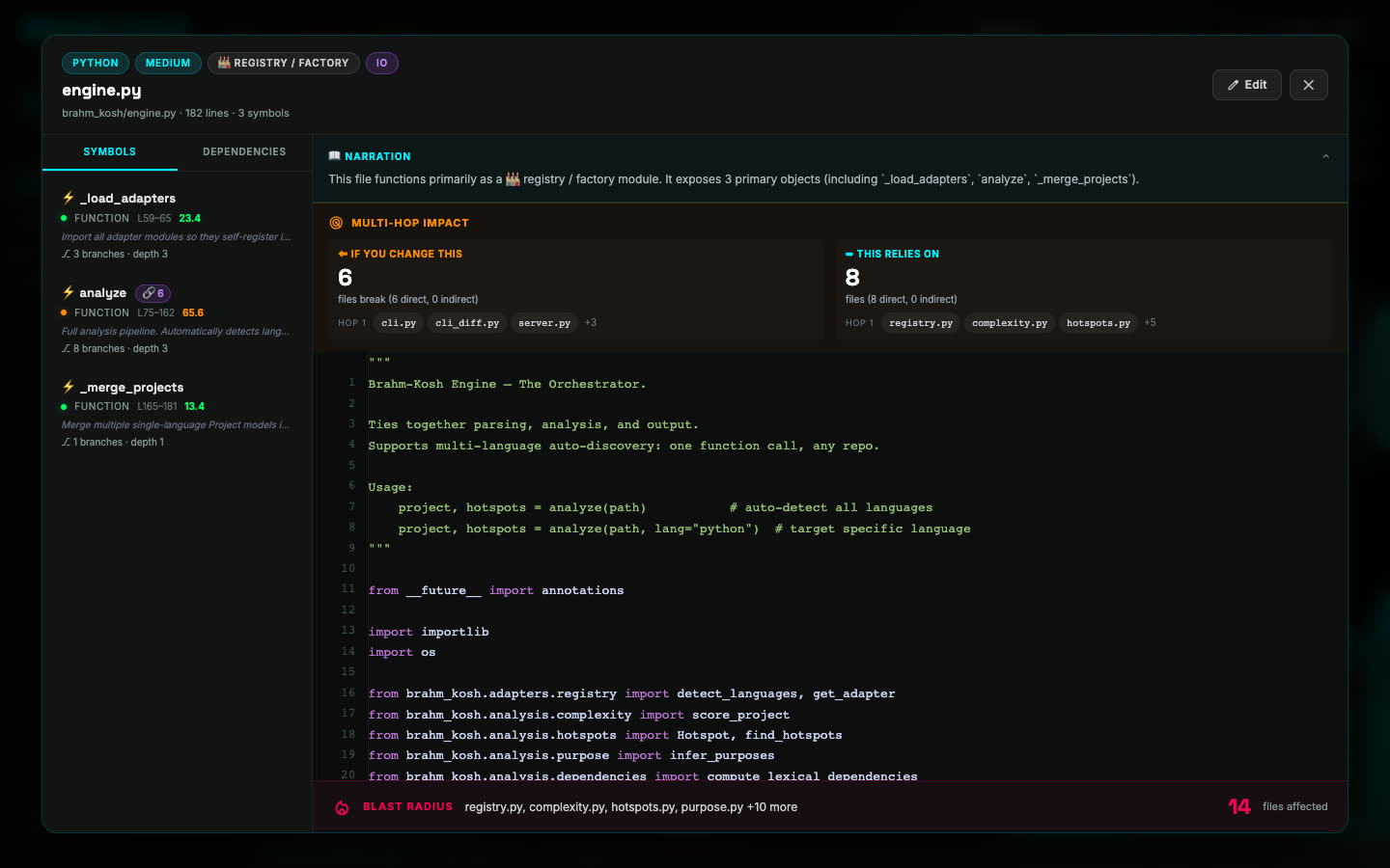 File view showing a one-sentence explanation, multi-hop impact and a blast radius