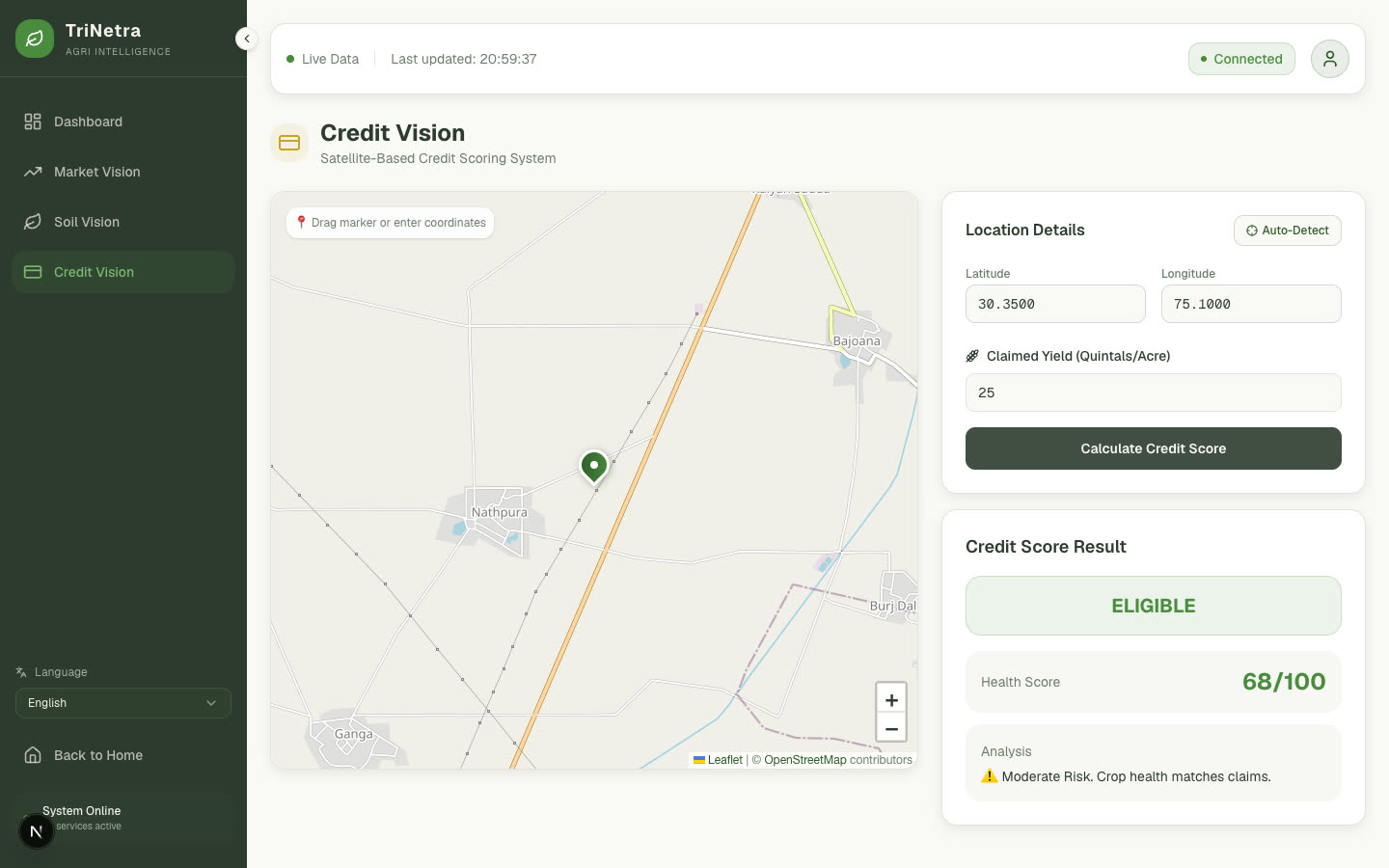 Credit Vision with a field on a map and an eligibility result