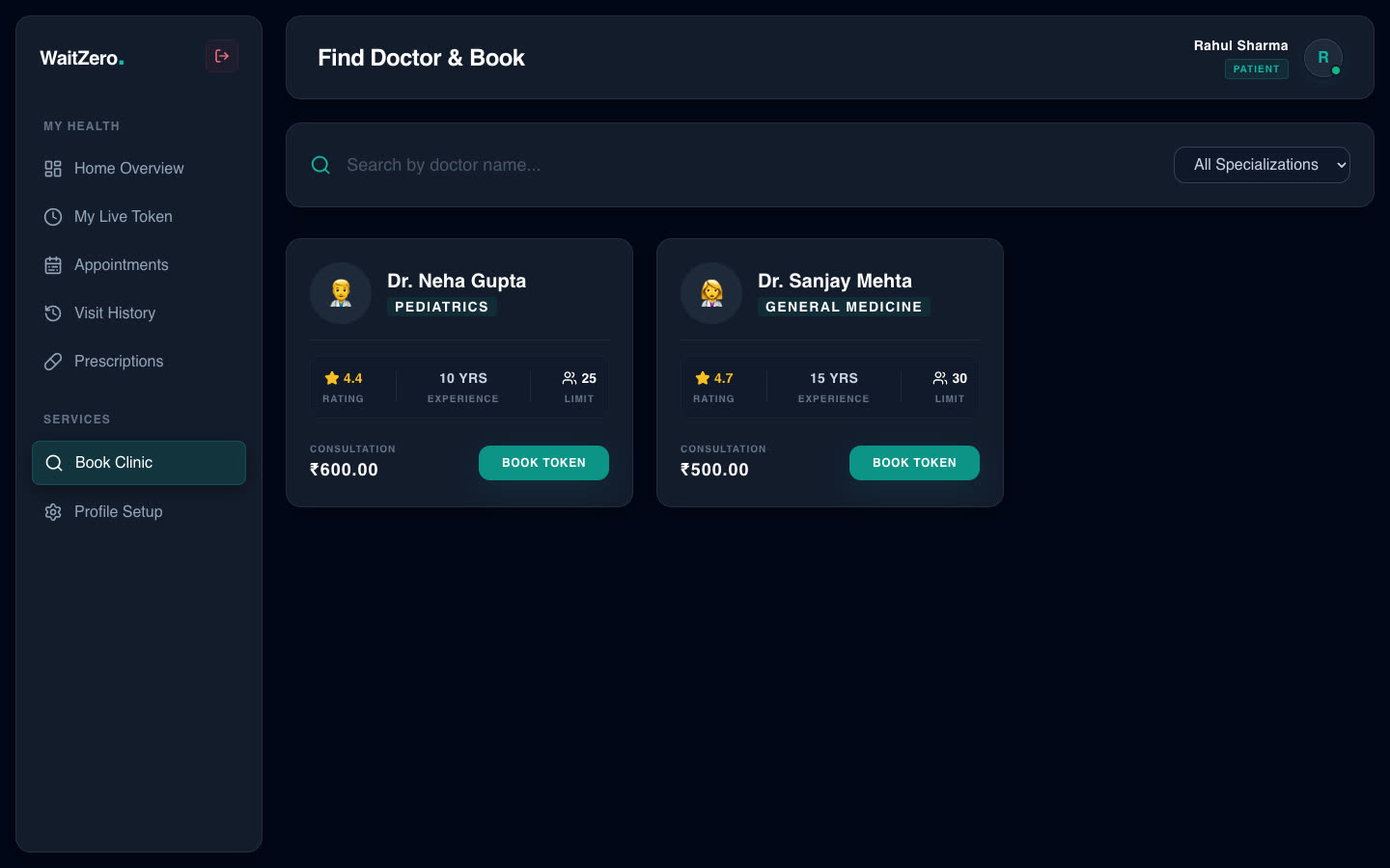 Doctor search with specialities, ratings, fees and a Book Token button